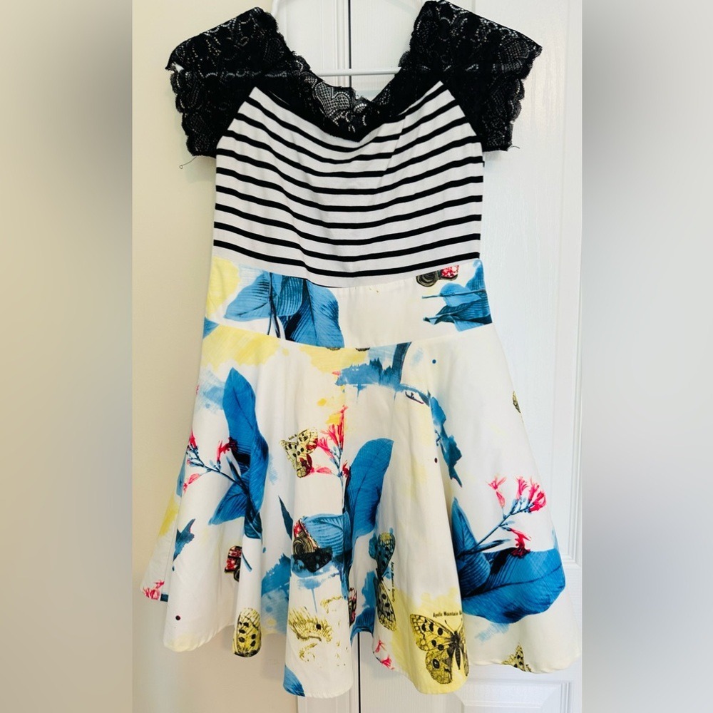 Heart Meng Yuan Striped Lace Floral Butterfly Fit and‎ Flare Dress Medium